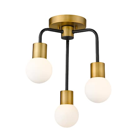 Z-Lite Neutra 3 Light Semi Flush Mount, Matte Black + Foundry Brass & Opal 621-3SF-MB-FB